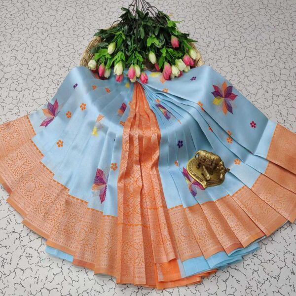 Orange  and Blue Fabric Saree